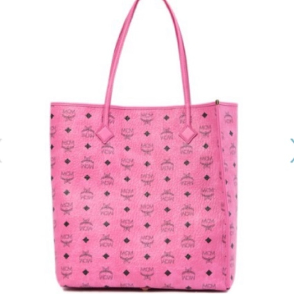 MCM Visetos Pink, Black & Gold Extra Large Leather Shopper Tote Bag Purse
